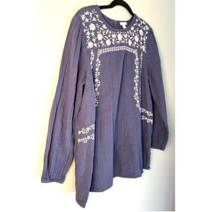 J. Jill Gauzy Cotton Tunic Blue Cream Embroidered Floral Design LS Womens Large
